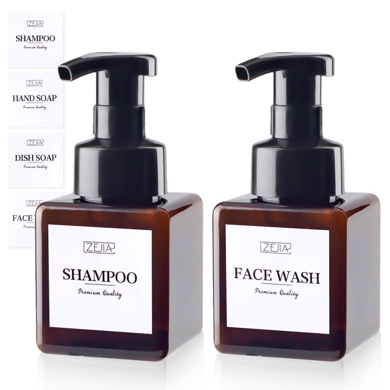 ZEJIA 250ML Foaming Soap Dispenser, 2-Pack Plastic Hand Soap Dispenser, Refillable Leakproof Foam Pump Bottle with Waterproof Labels, for Shampoo, Body Wash - Image 1